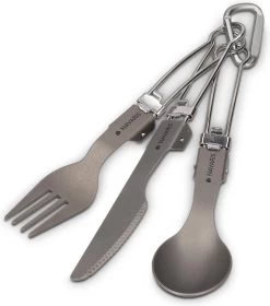 Navaris Campingbestek Van Titanium - Set Met Vork, Mes En Lepel - Inklapbaar - Bestekset Voor Onderweg - Inclusief Karabijnhaak En Bewaarzakje -Buiten Kamperen 1057x1200