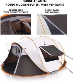 Fly Lab Luxe Pop Up Tent - Kampeer Tent - Grijs/Oranje - 4 Persoons -Buiten Kamperen 1072x1200