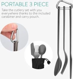 Navaris Campingbestek Van Titanium - Set Met Vork, Mes En Lepel - Bestekset Voor Onderweg En Op Reis - Inclusief Karabijnhaak En Bewaarzakje -Buiten Kamperen 1113x1200 3