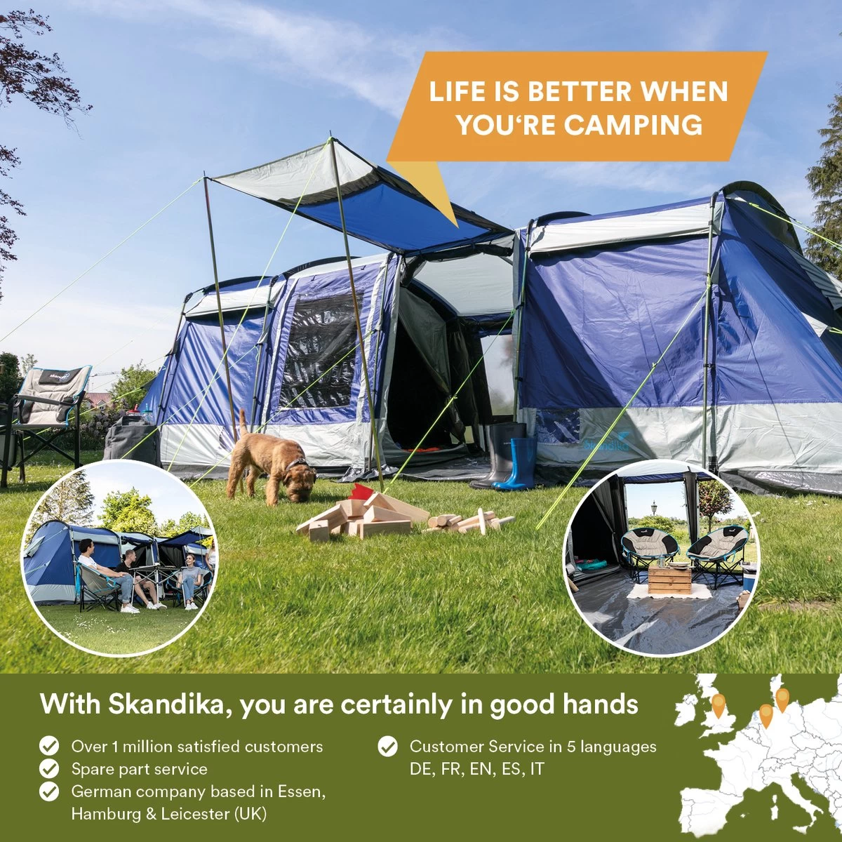 Skandika Montana 8 Sleeper Tent – Tunneltent – 8 Persoons Familietent - Campingtent – Sleeper Technology (2 Tot 4 Extra Donkere Slaapcabines) – Ingenaaide Tentvloer - Muggengaas – 700 X 310 X 200 Cm (LxBxH) – 5000mm Waterkolom – Kamperen – Blauw/wit 7 Skandika Montana 8 Sleeper Tent – Tunneltent – 8 Persoons Familietent - Campingtent – Sleeper Technology (2 Tot 4 Extra Donkere Slaapcabines) – Ingenaaide Tentvloer - Muggengaas – 700 X 310 X 200 Cm (LxBxH) – 5000mm Waterkolom – Kamperen – Blauw/wit - Afbeelding 7