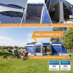 Skandika Montana 8 Tent – Tunneltenten – 8 Persoons Tent – Campingtent – 200 Cm Stahoogte – 2-4 Slaapcabines - Muggengaas – Familietent – 4 Ingangen – 700 X 310 X 200 Cm (L X B X H) - 5000 Mm Waterkolom – Outdoor, Camping – Kamperen – Blauw -Buiten Kamperen 1200x1200 114