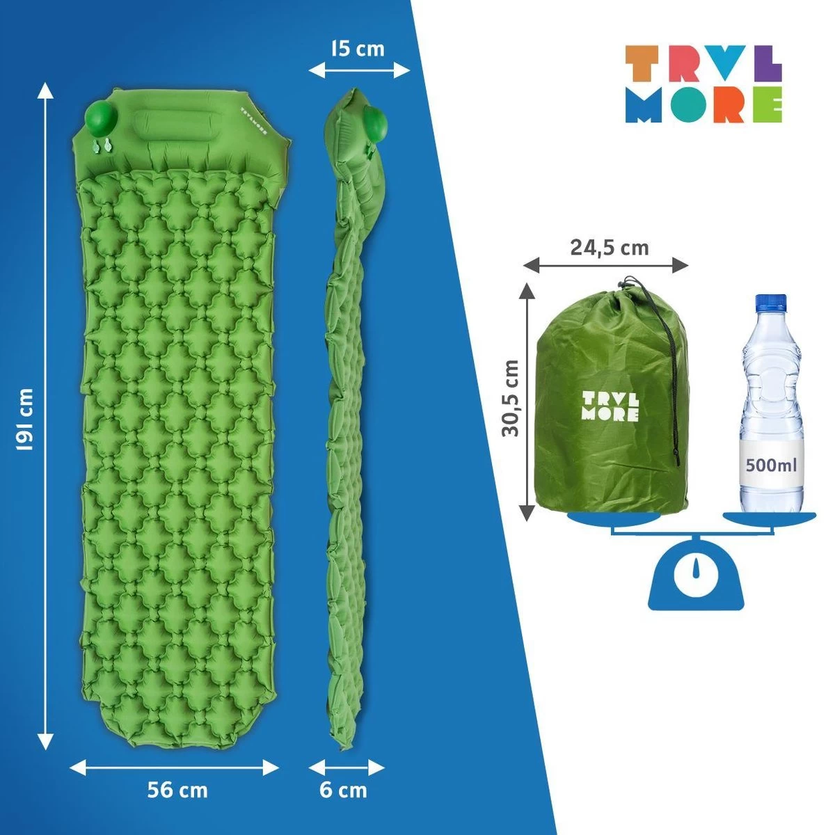 TRVLMORE Slaapmat - Zelfopblazend - 1 Persoons - Ingebouwde Pomp En Kussen - Groen 6 TRVLMORE Slaapmat - Zelfopblazend - 1 Persoons - Ingebouwde Pomp En Kussen - Groen - Afbeelding 6