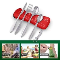 Roestvrij Staal Bestek (kampeerset) – Draagbare Reislepels, -vork En -mes Voor Festivals, Camping Of Trektochten - Wordt Geleverd Met Een Neopreen Draagtasje Met Een Lichtgewicht Flesopener -Buiten Kamperen 1200x1200 452