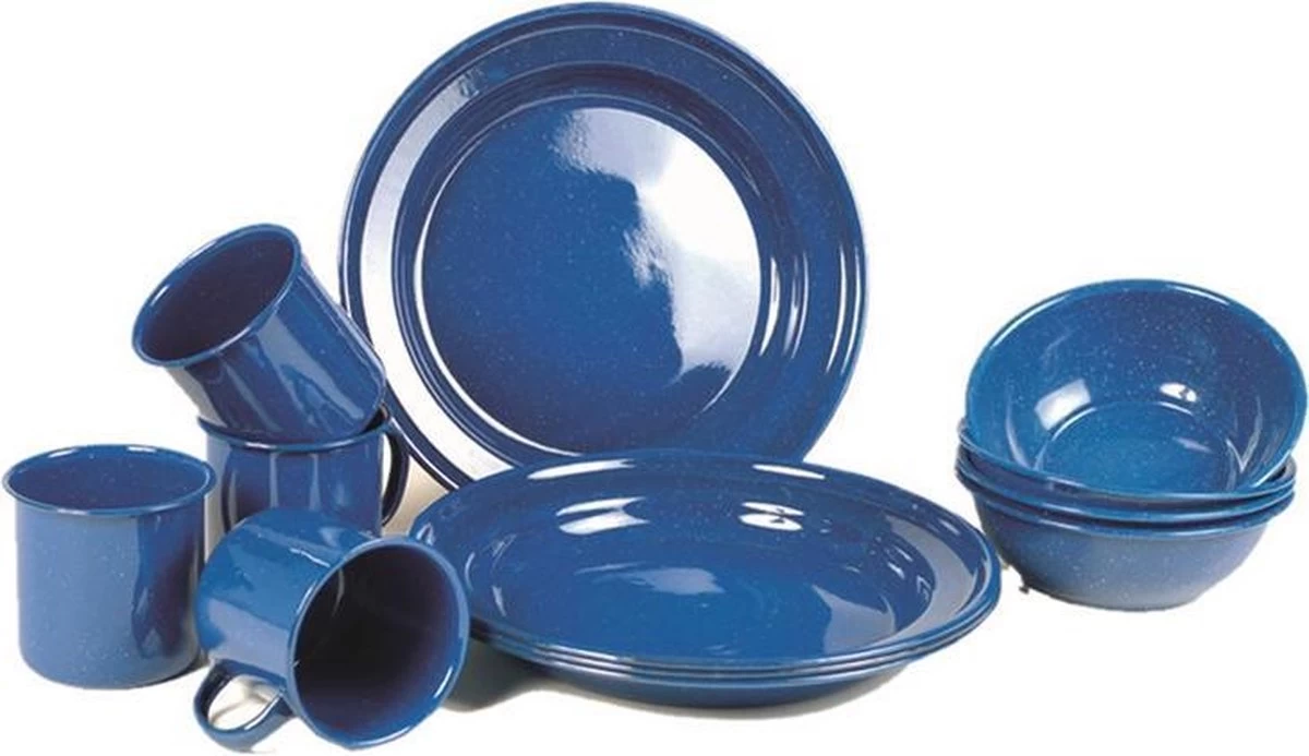 Emaille Camping Servies Set Borden, Mokken, Schaaltjes 1 Emaille Camping Servies Set Borden, Mokken, Schaaltjes