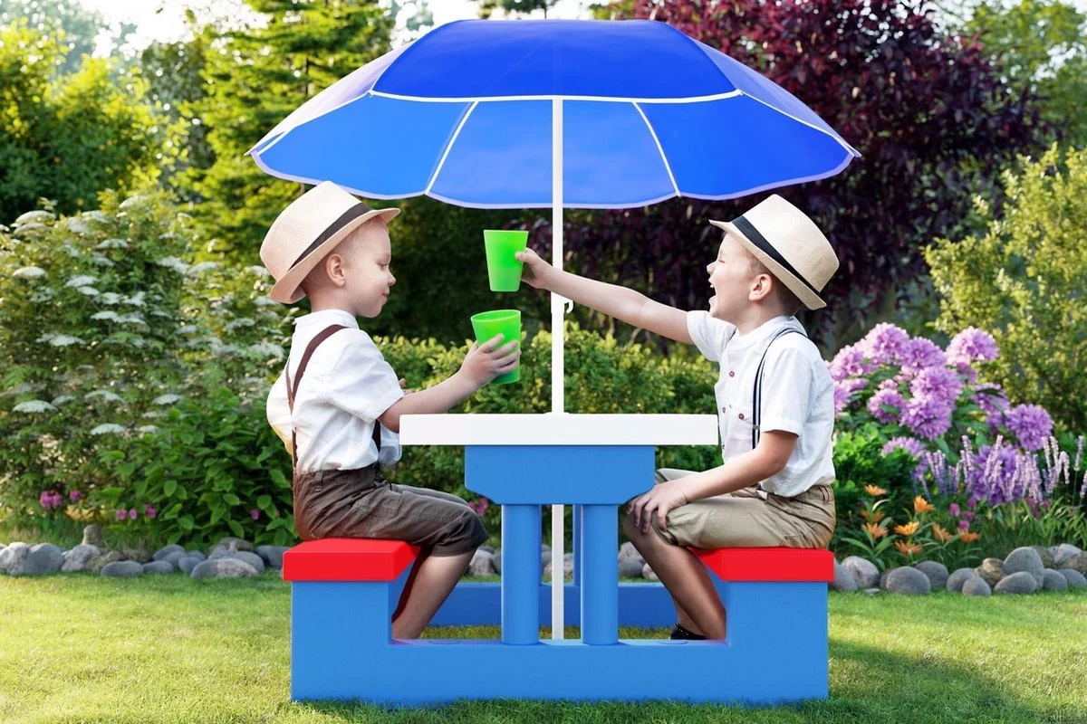 Merkloos Kinder Picknicktafel Met Parasol - Blauw 6 Merkloos Kinder Picknicktafel Met Parasol - Blauw - Afbeelding 6
